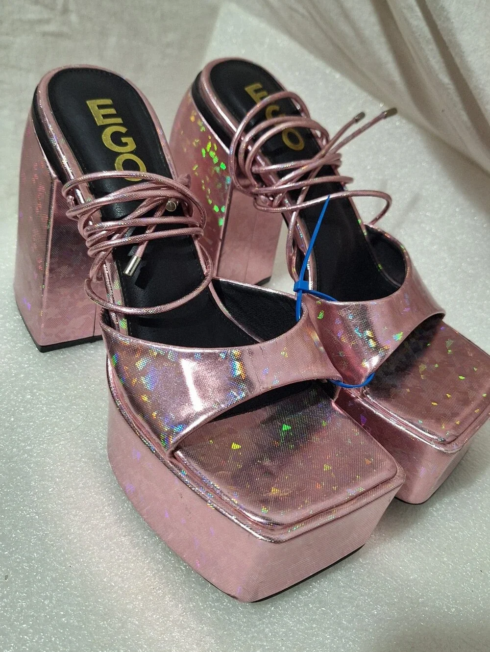 Pink Holographic Platform Block Heel Sandals
